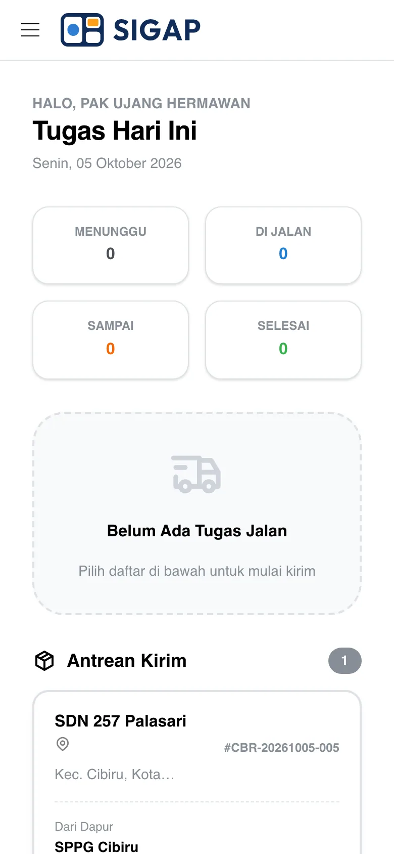 Beranda driver: tugas hari ini dan antrean kirim
