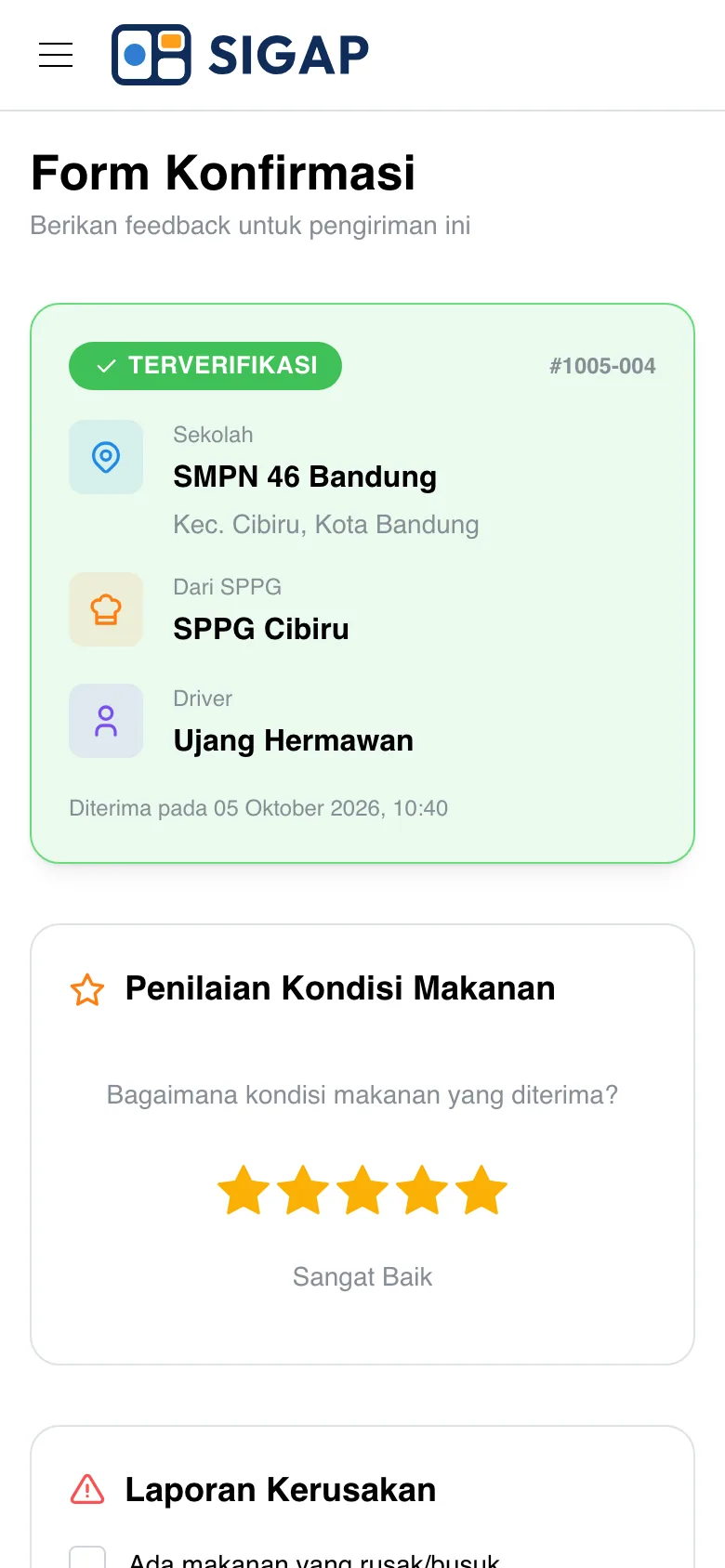 Form konfirmasi: penerimaan terverifikasi dan penilaian kondisi makanan
