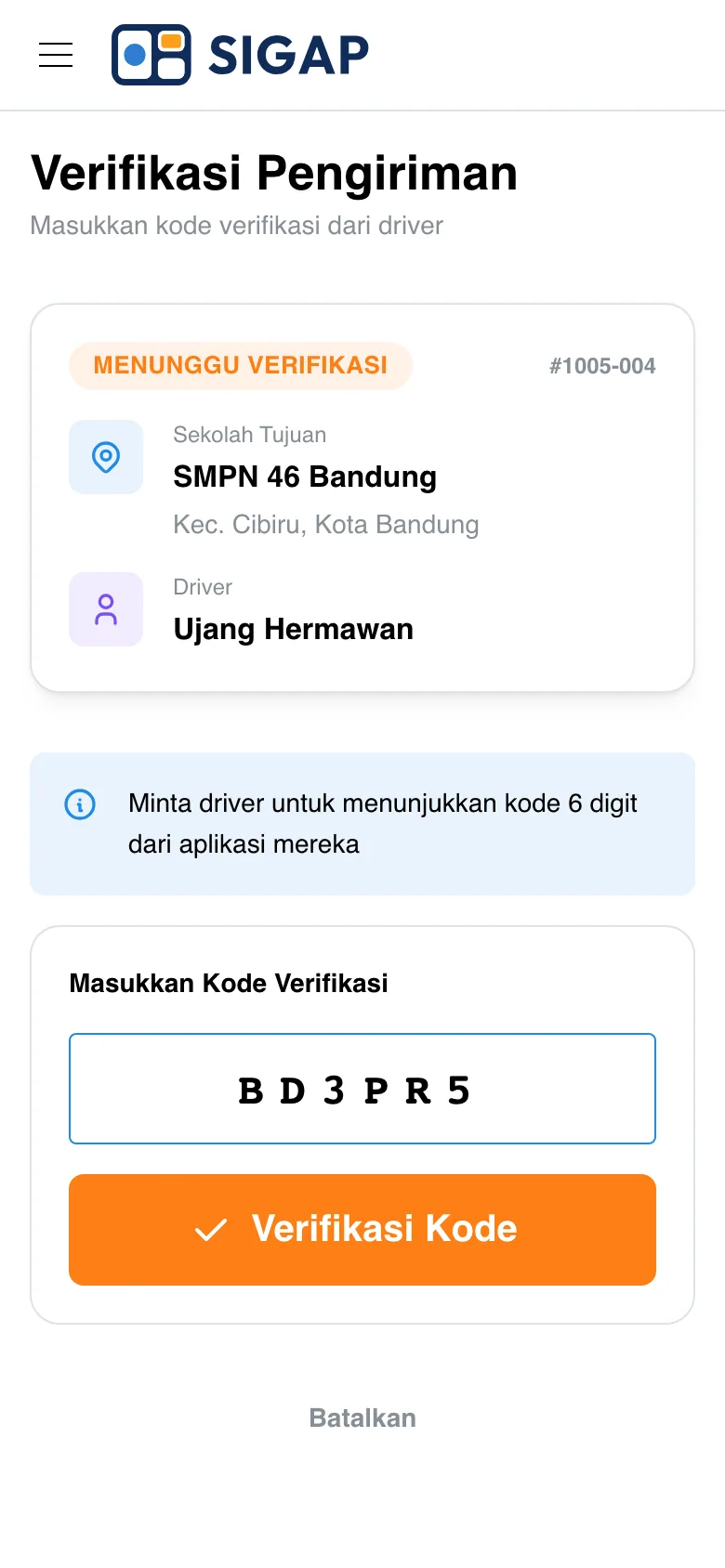 Form verifikasi pengiriman: PIC memasukkan kode dari driver